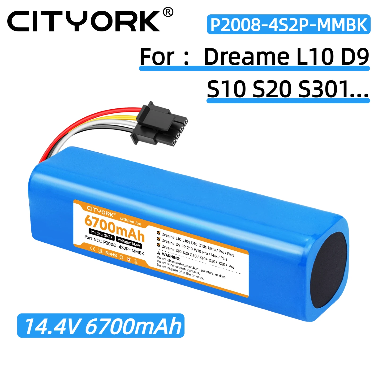 6700 mAh 14,4V Akku für Dreame L10 D10 Ultra/ Pro/ Plus, D9 F9 Z10 W10 Pro/Max Plus, S10 S20 S30/X10+ X20 Saugroboter-Akku