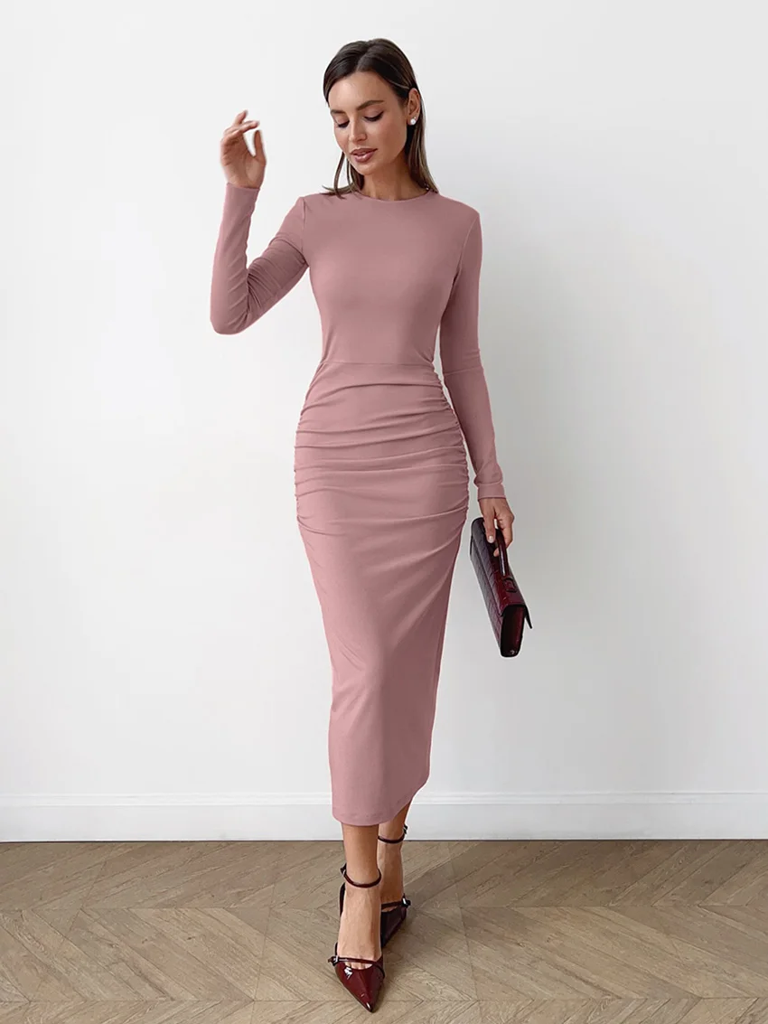 

Marthaqiqi Elegant Female Nightgowns Long Sleeve Nightwear O-Neck Sleepwear Split Ankle-Length Dress Winter Women'S Pajamas Pink
