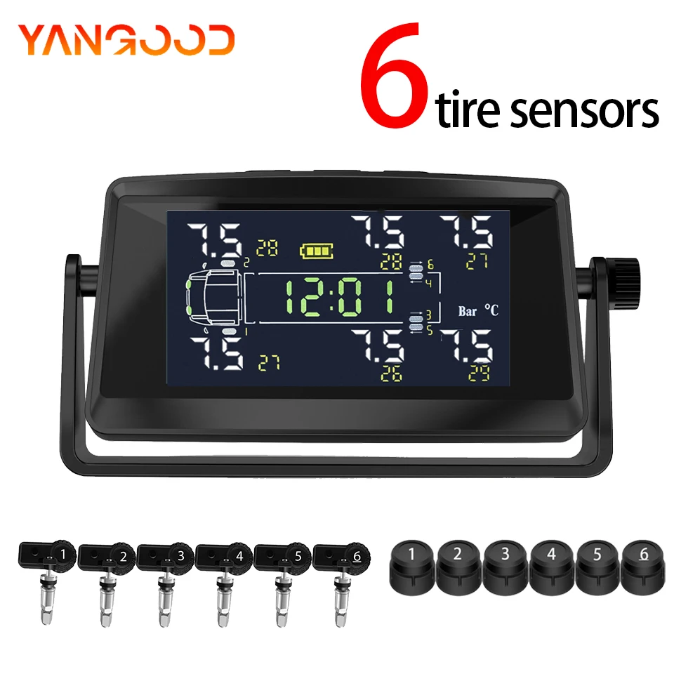 

Yangood Tpms Система обнаружения давления в шинах грузовиков 6-датчики давления в шинах Дисплей температуры и времени Охранная сигнализация Автозапчасти