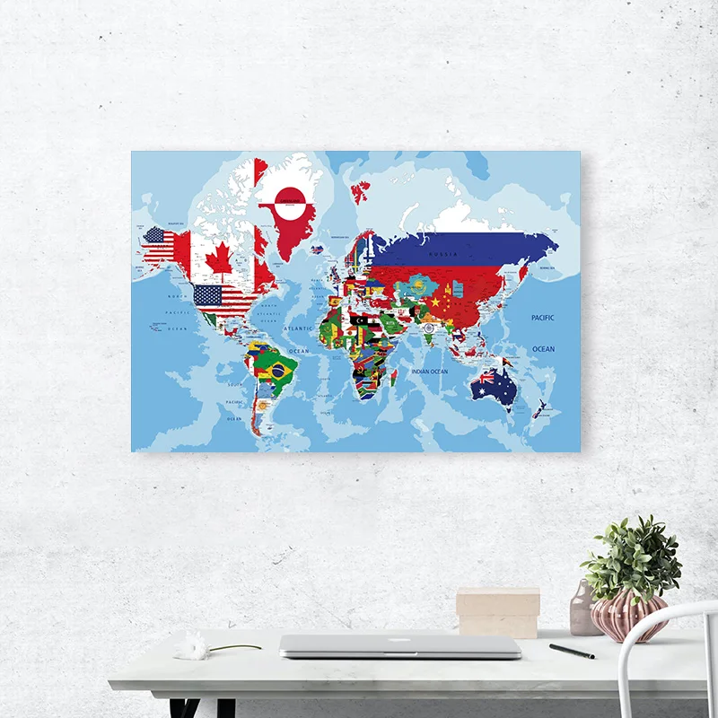 The World Map 75*50cm In English Canvas Painting Wall Art Picture Home Office School Supplies Children Study Room Decor