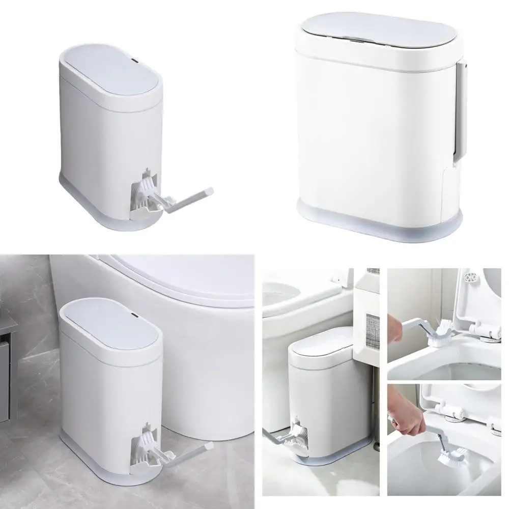 

White 2.5-Gallon Smart Bathroom Trash Can with Motion Sensor Lid and Toilet Brush Holder
