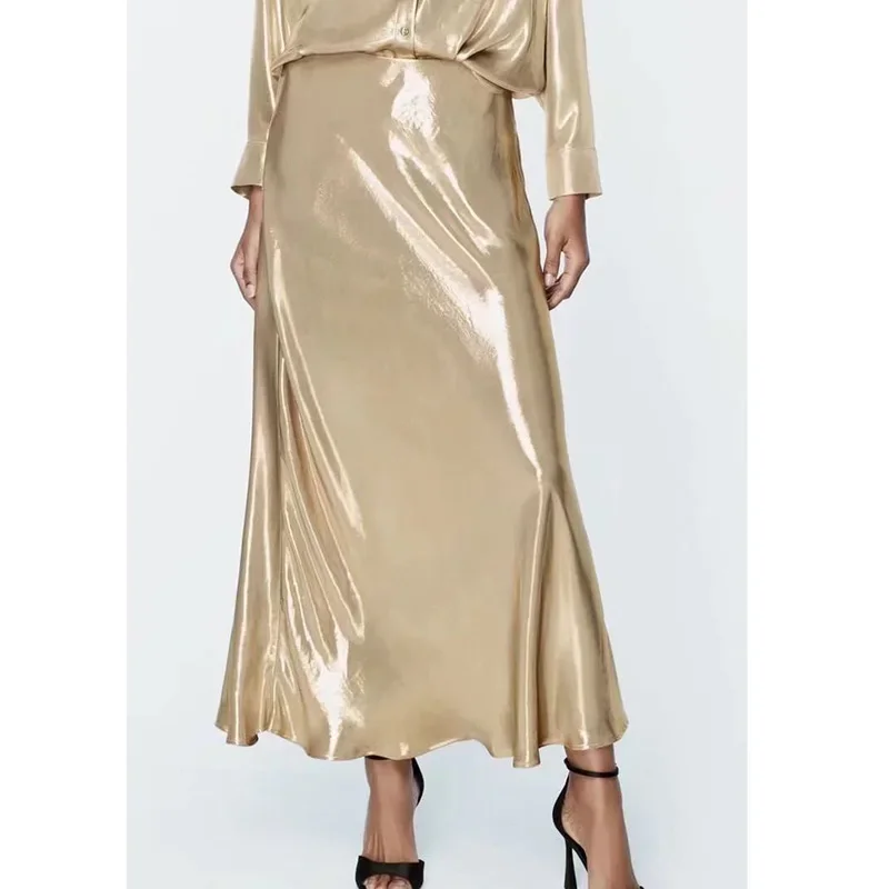 

Women's Spring Fashion Pleated Golden Long Skirt Vintage High Waist Pleated Streetwear Casual Girl Skirts Faldas Vestidos Mujer