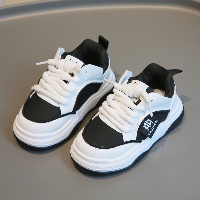 Children's Spring New Leather Upper Sneakers Middle Large Children's Casual Shoes Boys and Girls Soft Sole Students Tennis Shoes