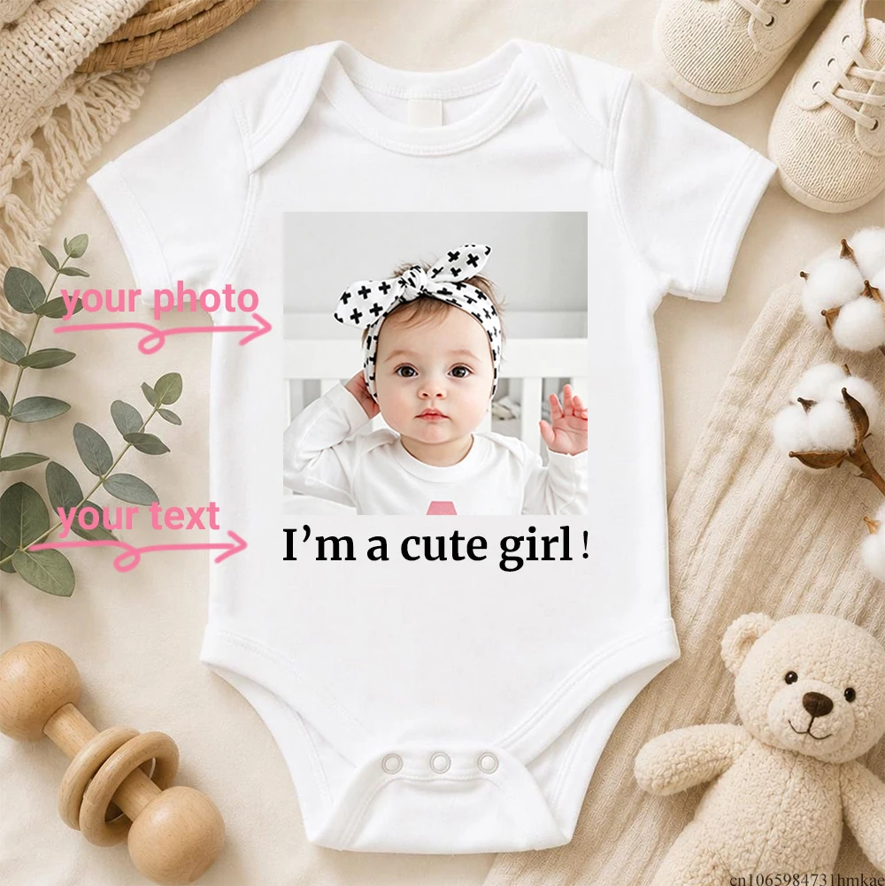 DIY Custom Photo Baby Romper White Short Sleeve Bodysuit Personalized Text Newborn Infant Onesie Baby Party Shower Gift