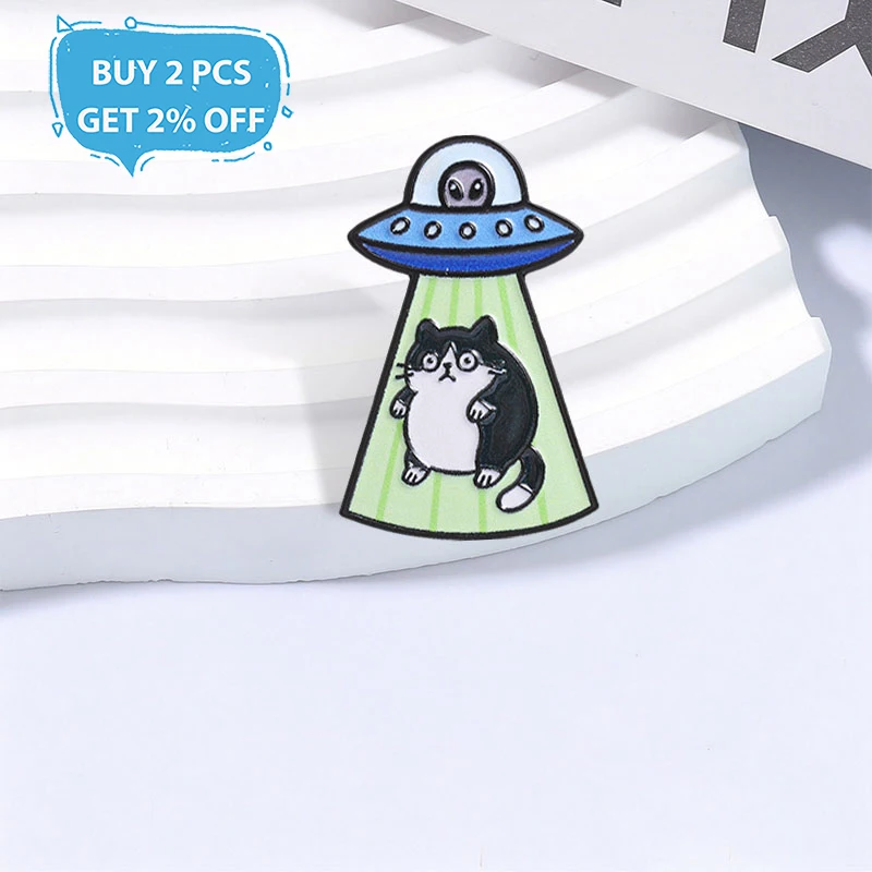 Cute Cat Abducted by UFO Enamel Pins Sci Fi Cartoon Metal Brooches Fashion Lapel Badge Backpack Clothes Jewelry Gift for Friends