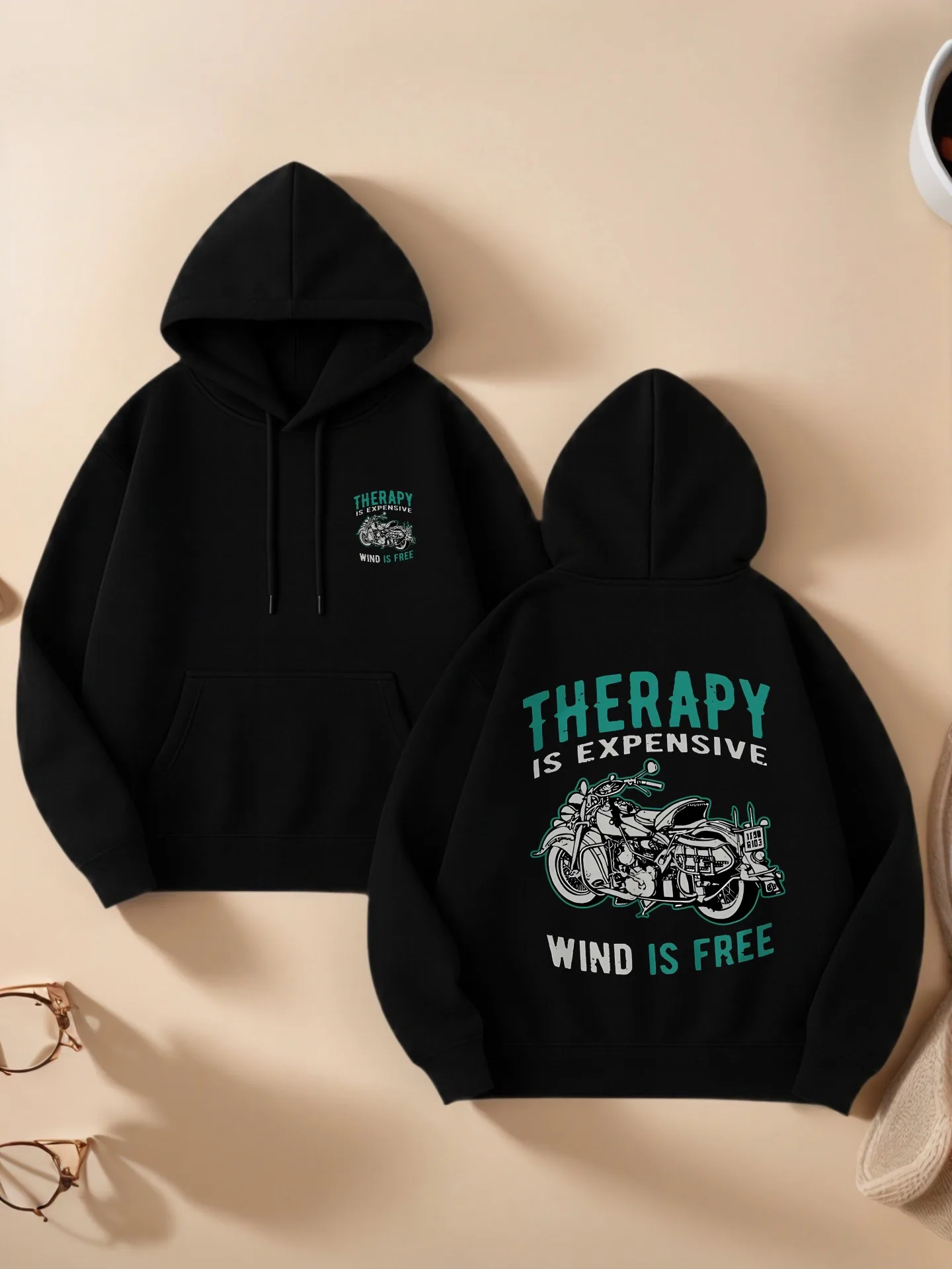 Graphic Hoodie Women, Therapy Motorcycle Print, Vintage Style, Cotton Blend, Casual Everyday Wear, For Young Men