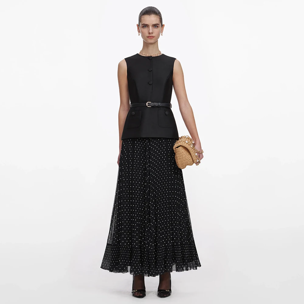 Customized Modern Party Dress 2 Pieces O Neck Sleeveless Ankle Length Party Gowns Maxi Black Satin Dots Chiffon Cocktail Dresses