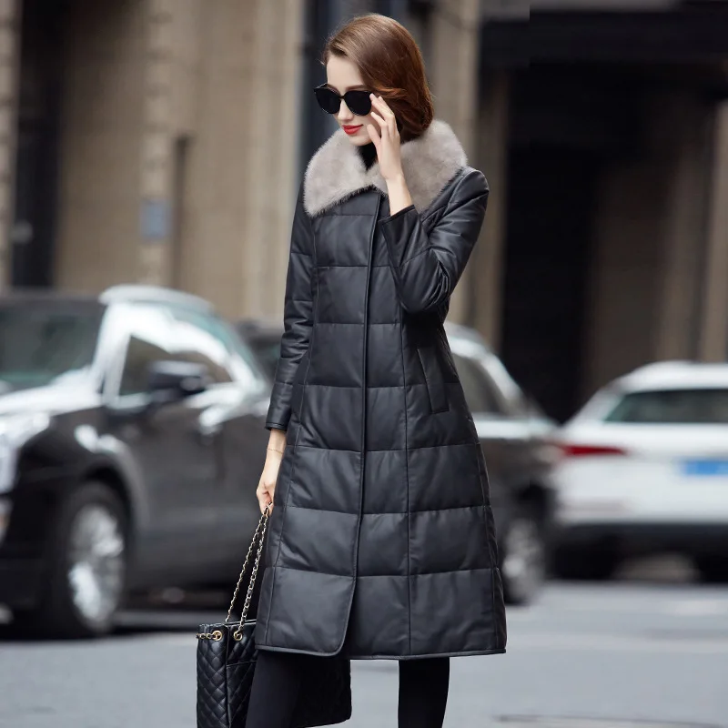 2024Haining  New Genuine Leather Down Winter Mid length Women's Genuine Sheepskin Mink Square Neck Fashion Coat