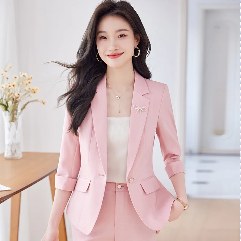 Women's Three-Quarter Sleeve Suit Jacket Spring2024New Fashion Business Attire Elegant Slim Fit Leisure Suit Outer Wear