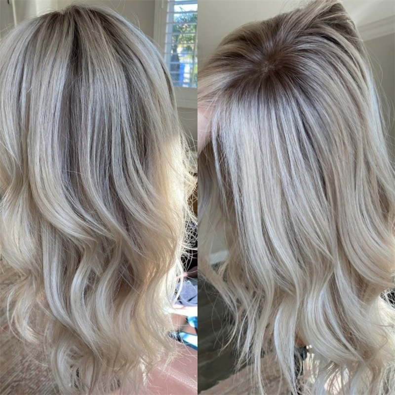 

Middle Part Ombre Ash Blonde Lace Front Wigs Synthetic Lace Front Wigs Natural Body Wave Glueless Wigs Preplucked Hairline 26''