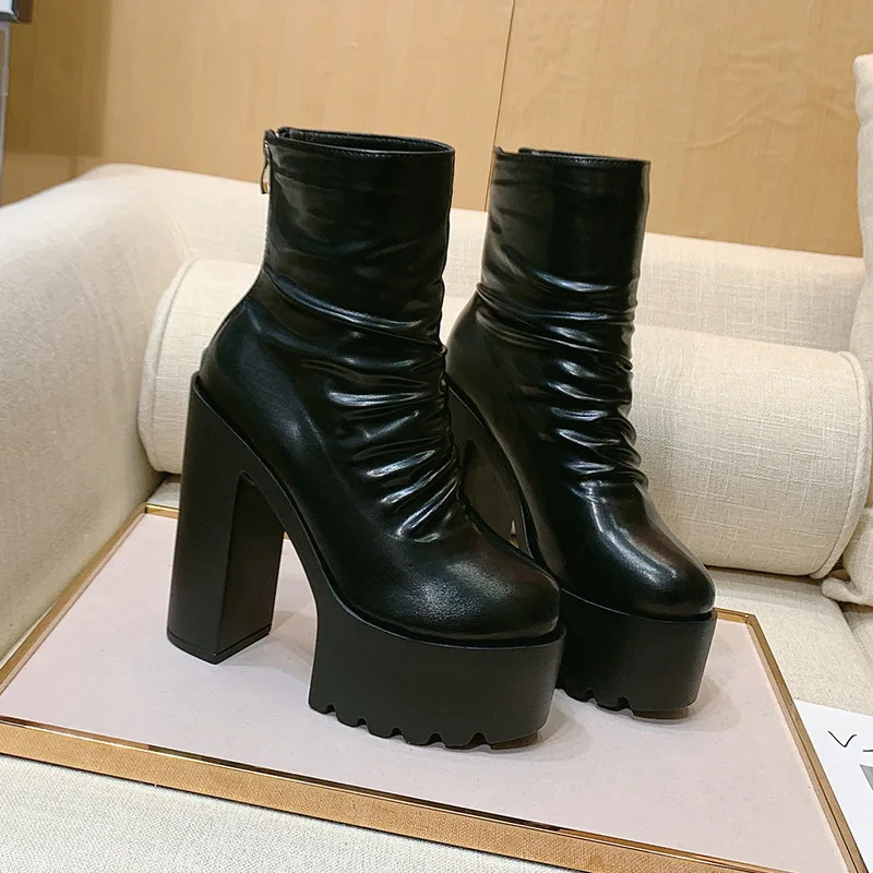 Ultra-high-heeled Booties Female Spring and Autumn 2023 New Thick Heel Catwalk Show Waterproof Platform Zipper High Heels