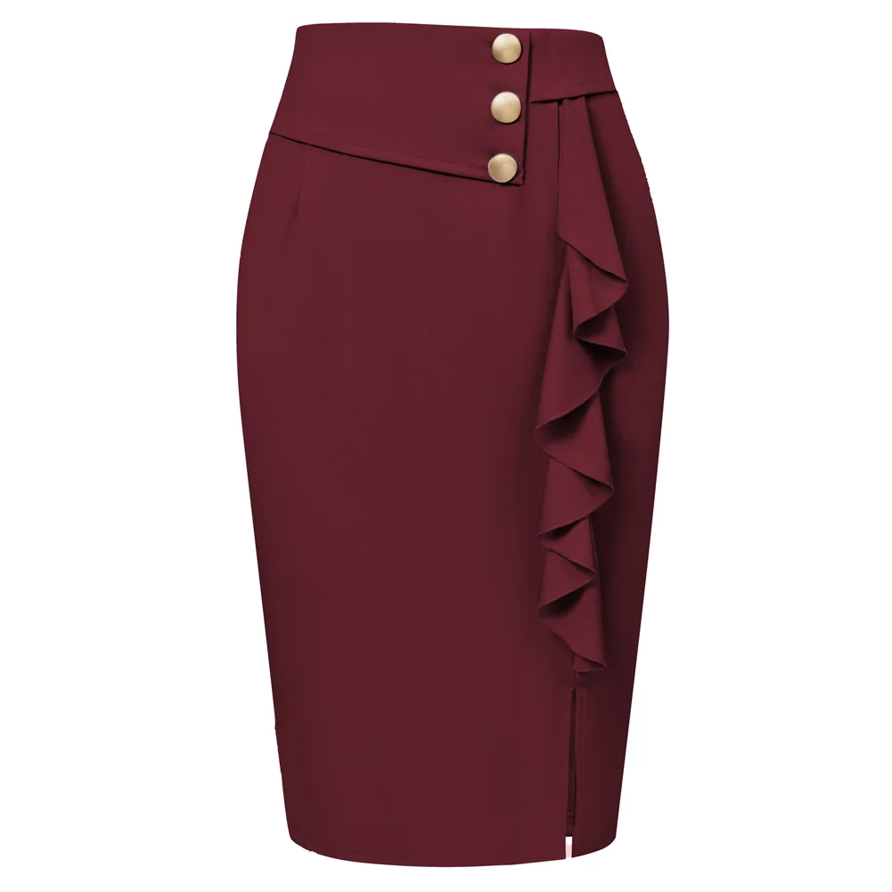 

BP Pencil Skirt Keen Length For Women Vintage Front Slit Skirt High Waist Ruffle Decorat Bodycon Skirt Office Bussiness Workwear