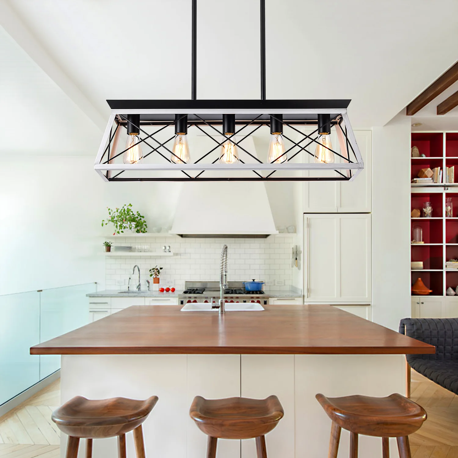 

5-Light Farmhouse Chandeliers for Dining Room, Rustic Kitchen Island Lighting, Adjustable Height Pendant Light for Kitchen