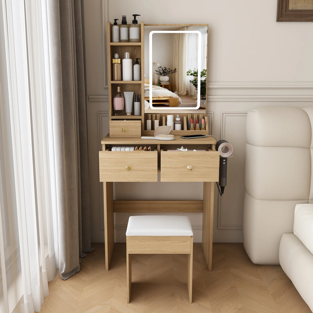 Modern small Vanity Desk ,featuring 3 modes of LED lighting with adjustable brightness, 3 drawers and multiple open storage shelves, a hair dryer holder and power socket, and a dressing chair.
