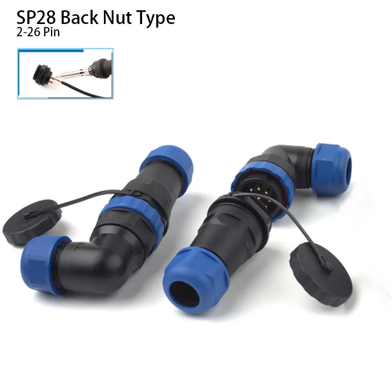 SP28 aviation connector Back Nut Port IP68 Waterproof 2-26 Pin Plug socket  90-degree Elbow Power L-type Electric connectors