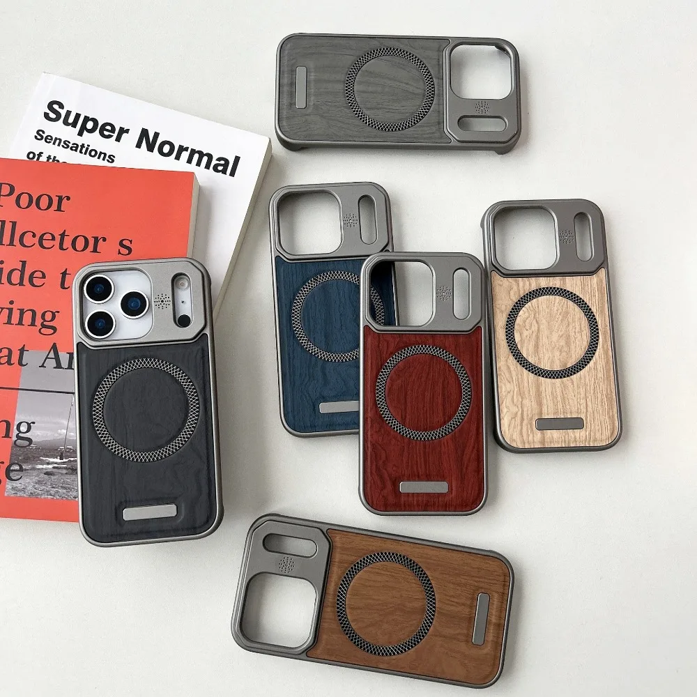 Huyangmu coque de téléphone adaptée pour Apple 17 16 15 14 13 12 Pro Max peinture métallique grain de bois aspiration magnétique 1 coque de téléphone en cuir