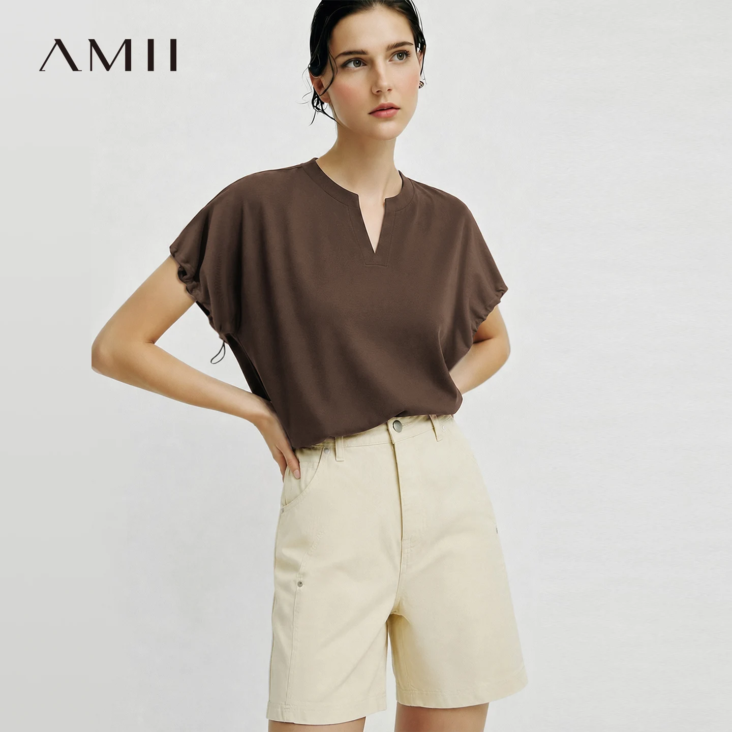 Amii V-Neck Women's T-Shirt 2026 Summer New Adjustable Cuff Stretch Tee Loose Casual Dolman Short Sleeve Top For Women 12622182