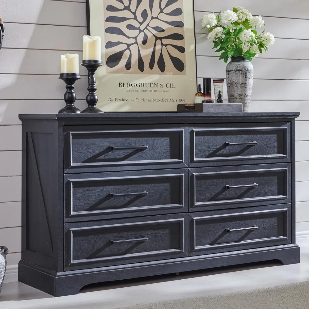 Rustic 6-Drawer Bedroom Dresser, 52 Wide Modern TV Stand with Spacious Drawers and Bar Pulls