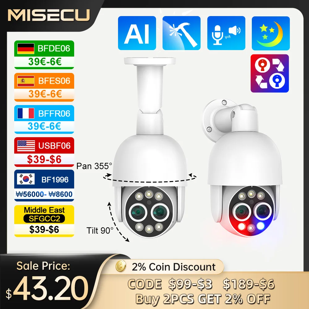 MISECU 8MP Dual Lens PTZ POE Camera 8X Hybrid Zoom 2.8+12mm 4MP Security IP Camera Auto Tracking Surveillance Camera Outdoor