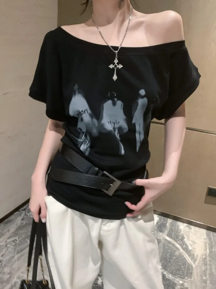 

American Style round Neck Splice Design Short Sleeve T-Shirt Loose Lazy Style Belted Versatile Summer Top for Young Women