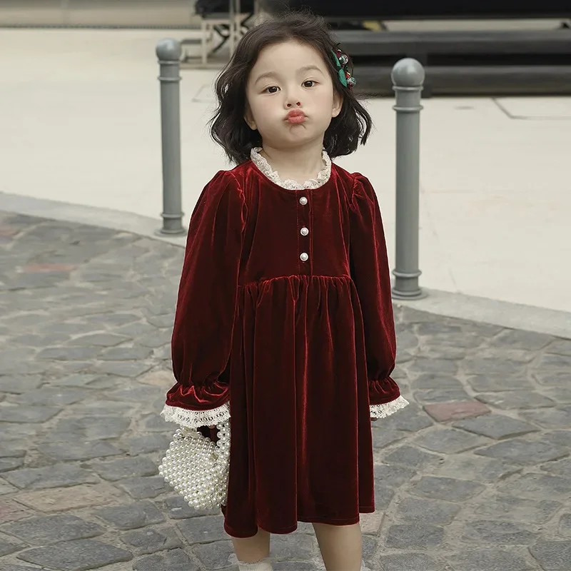 Children Wear 2023 Autumn and Winter New Girl Velvet Dress Baby Lace Lace and Velvet Long sleeved Children\'s New Year Dress