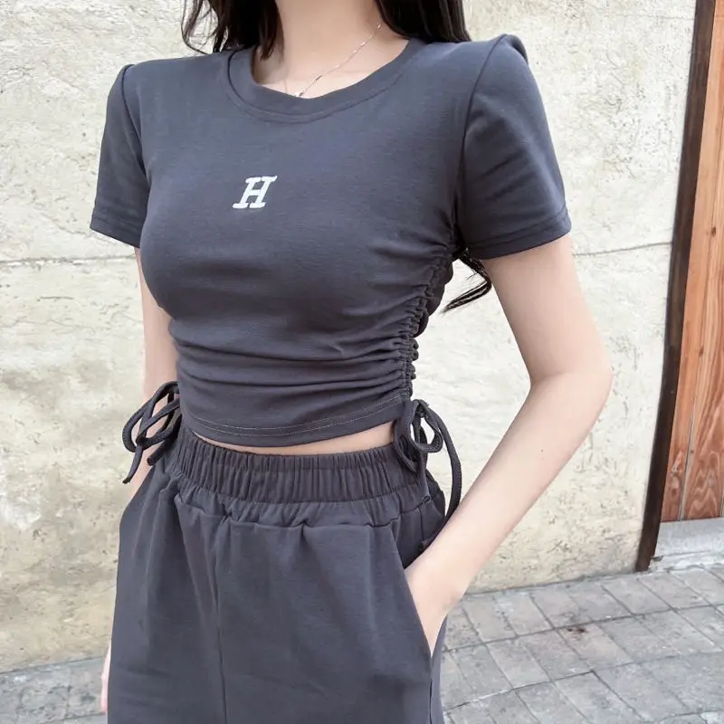 Sets Women Crop T-shirts Short Sleeve Letter Wide Leg Pants Fashion Chic Ulzzang Summer Thin Streetwear Harajuku Girls Casual