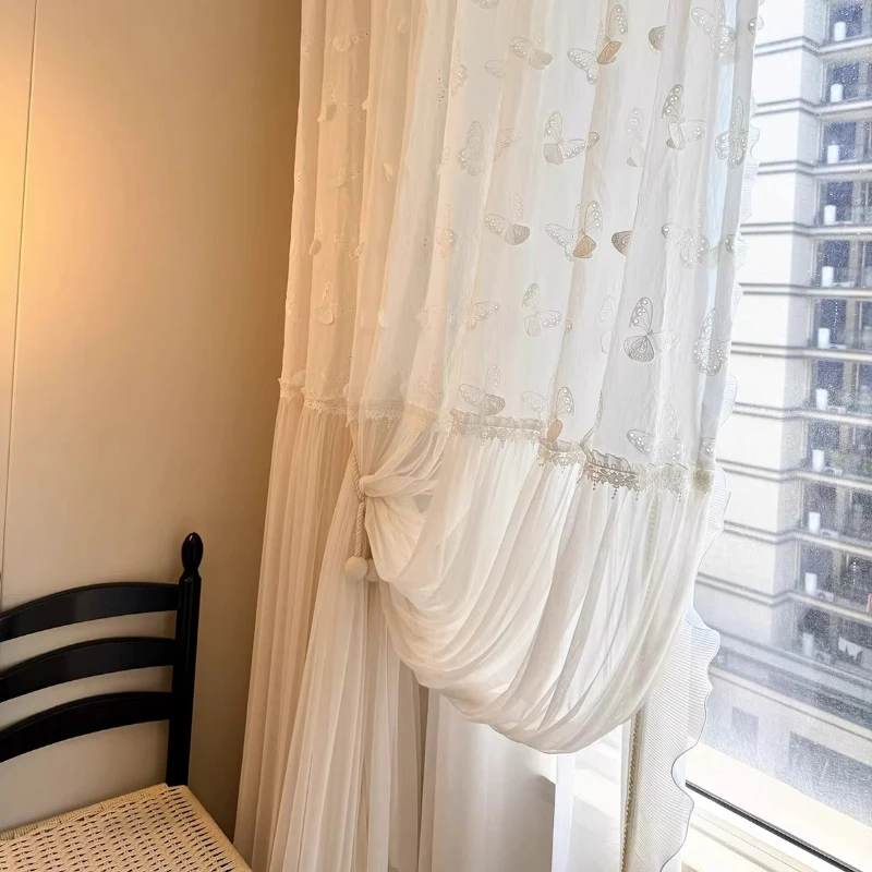 Cream Style Romantic Relief Butterfly Jacquard Embroidery Lace Skirt Atmospheric Balcony Living Room Bedroom Gauze Curtain