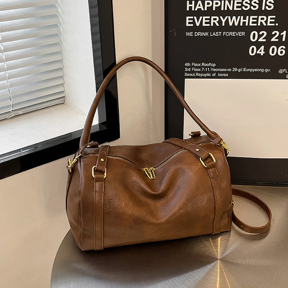 

Женская винтажная сумка-тоут большой вместимости на одно плечо в корейском стиле, однотонная, из мягкой искусственной кожи, универсальная сумка через плечо