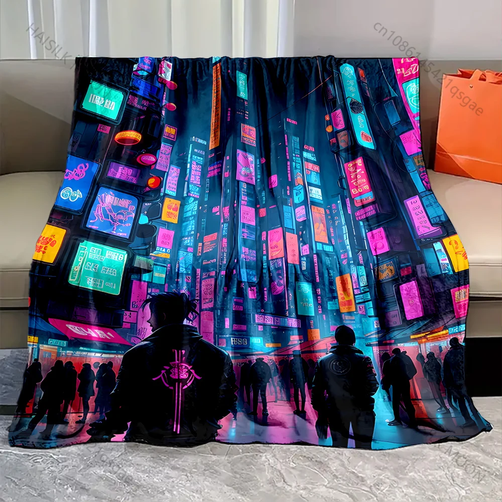 1PC Neon-lit futuristic city  Print Adult Children Warm Blankets Home Travel Car Soft Comfortable Suitable for all seasons