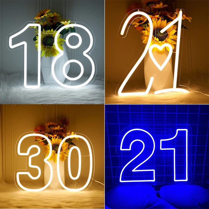 Digital Luminous Neon Sign Birthday Table Number Bar Decoration Led Bedroom Living Room Decoration Wedding Atmosphere Light