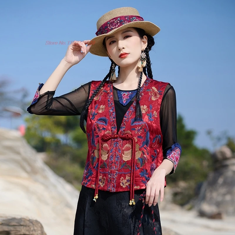 

2025 chinese vintage hanfu tops traditional v-neck folk vest national flower embroidery ethnic vest oriental sleeveless jacket