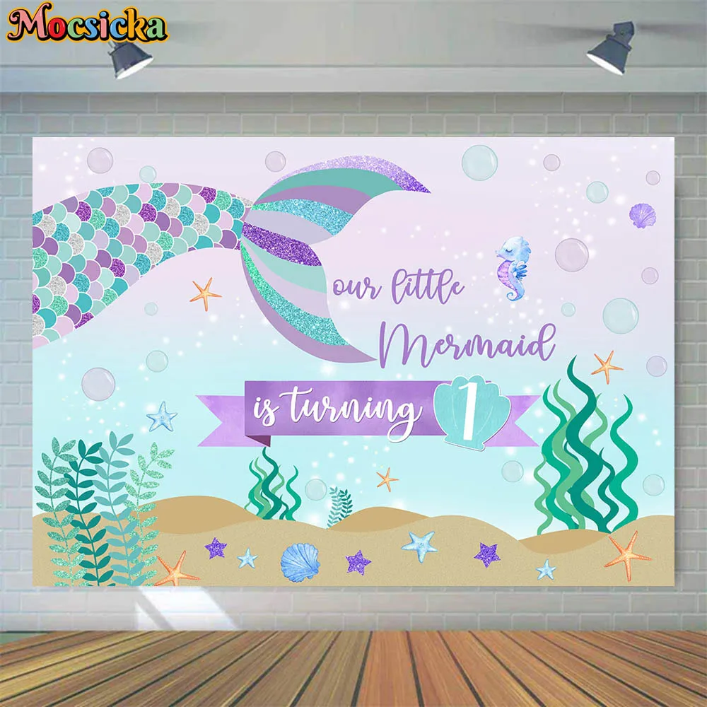 

Mocsicka Girl 1st Birthday Backdrop Our Little Mermaid is Turning 1 Photo Background Mermaid Tail Under the Sea Photoshoot Props