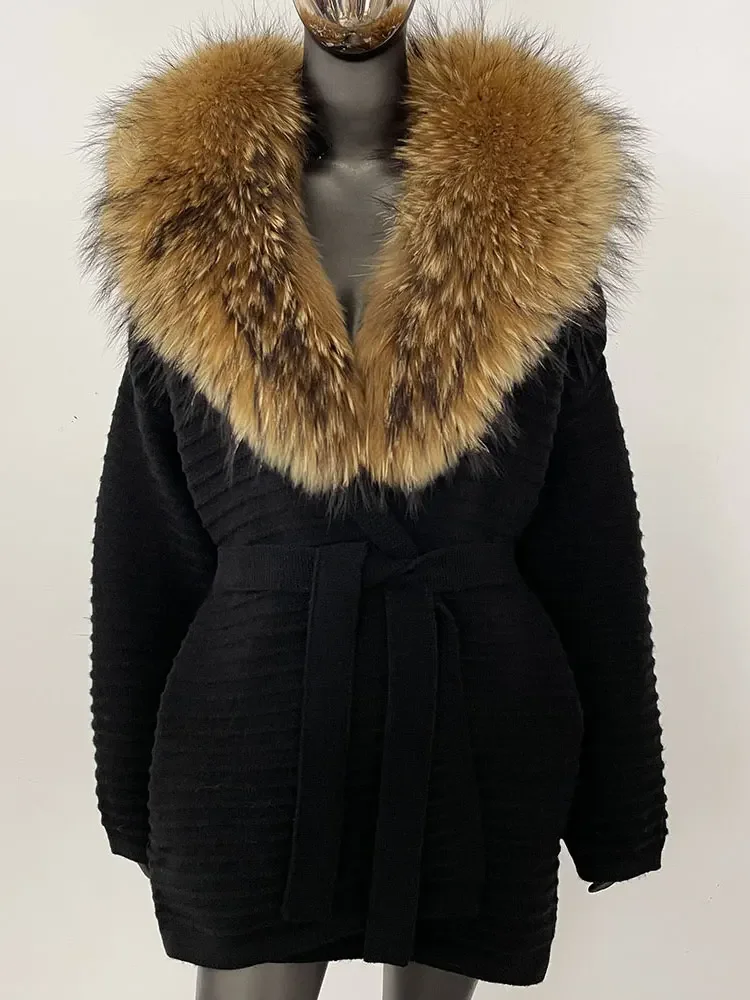 

Women New Spring Autumn Clothing Real Fox Fur Collar Sweater Fashion Belt Knitwear Female Oversized Knitted Cardigan