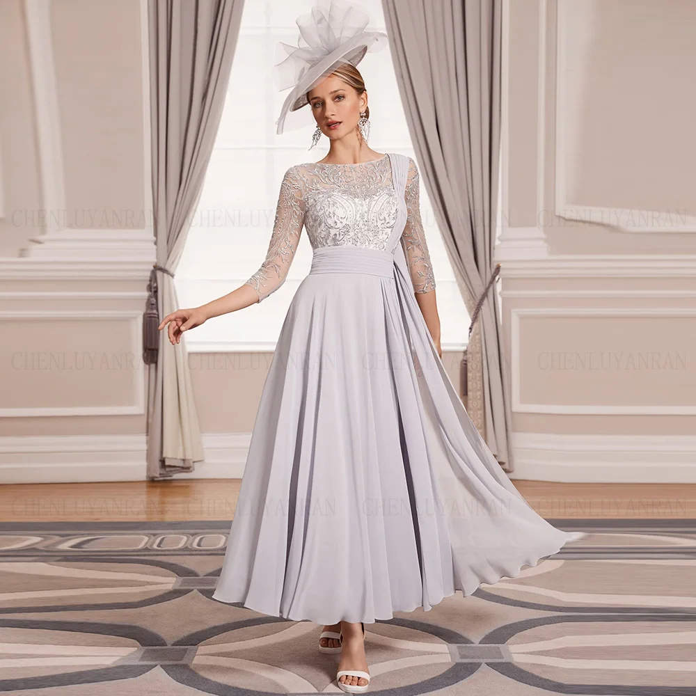 

Elegant Chiffon Mother of the Bride Dresses 2023 3/4 Sleeves Long Wedding Guest Gowns Pleat A-Line Dress Women For Wedding Party