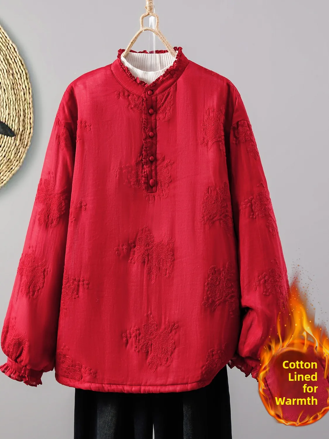 

Новое китайское хлопковое легкое тонкое пальто с вышивкой и цветочным кружевным воротником-фонариком Све, теплый хлопковый топ, зимний женский...