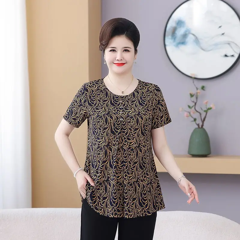 Mom's Short Sleeve 220 Jin Middle-aged and Elderly Summer New Style Plus Size T-shirt Oversized Top Loose  Versatile Blouse