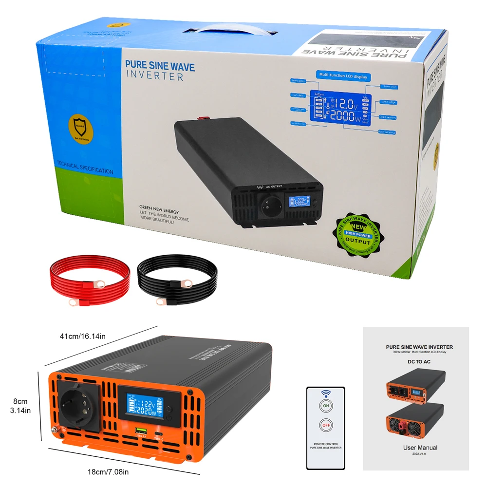 DATOUBOSS 2000W Wechselrichter DC 12V/24V/36V Reiner Sinus-Wechselstrom AC 220V Stromwandler für Zuhause, LKW und Auto mit USB Typ C LCD – Detail 10