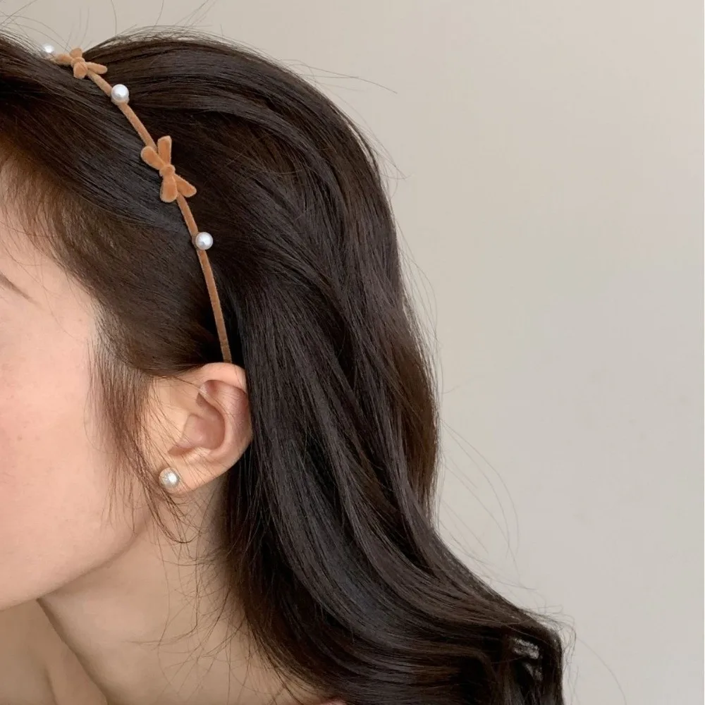 

Retro Pearl Bow Hairband Alloy Plush Flower Headband Thin Korean Style Women Hair Hoop Headdress