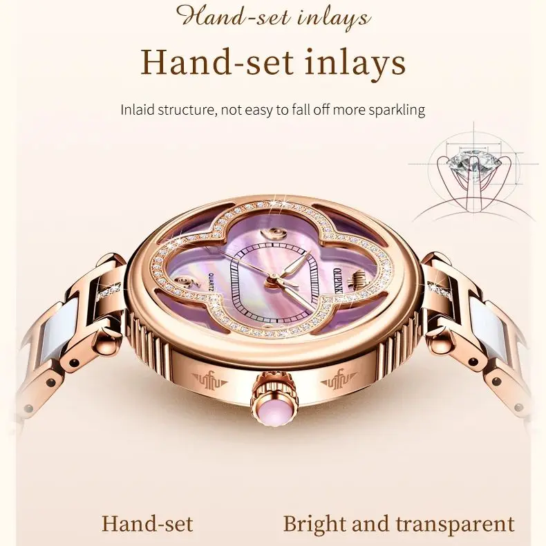 นาฬิกาข้อมือผู้หญิง OUPINKE 3272 ของแท้นำเข้าจากสวิส ระบบควอตซ์ ดีไซน์หรูหรา หน้าปัดเซรามิกสีชมพู กันน้ำ พร้อมชุดกำไลข้อมือ ของขวัญ