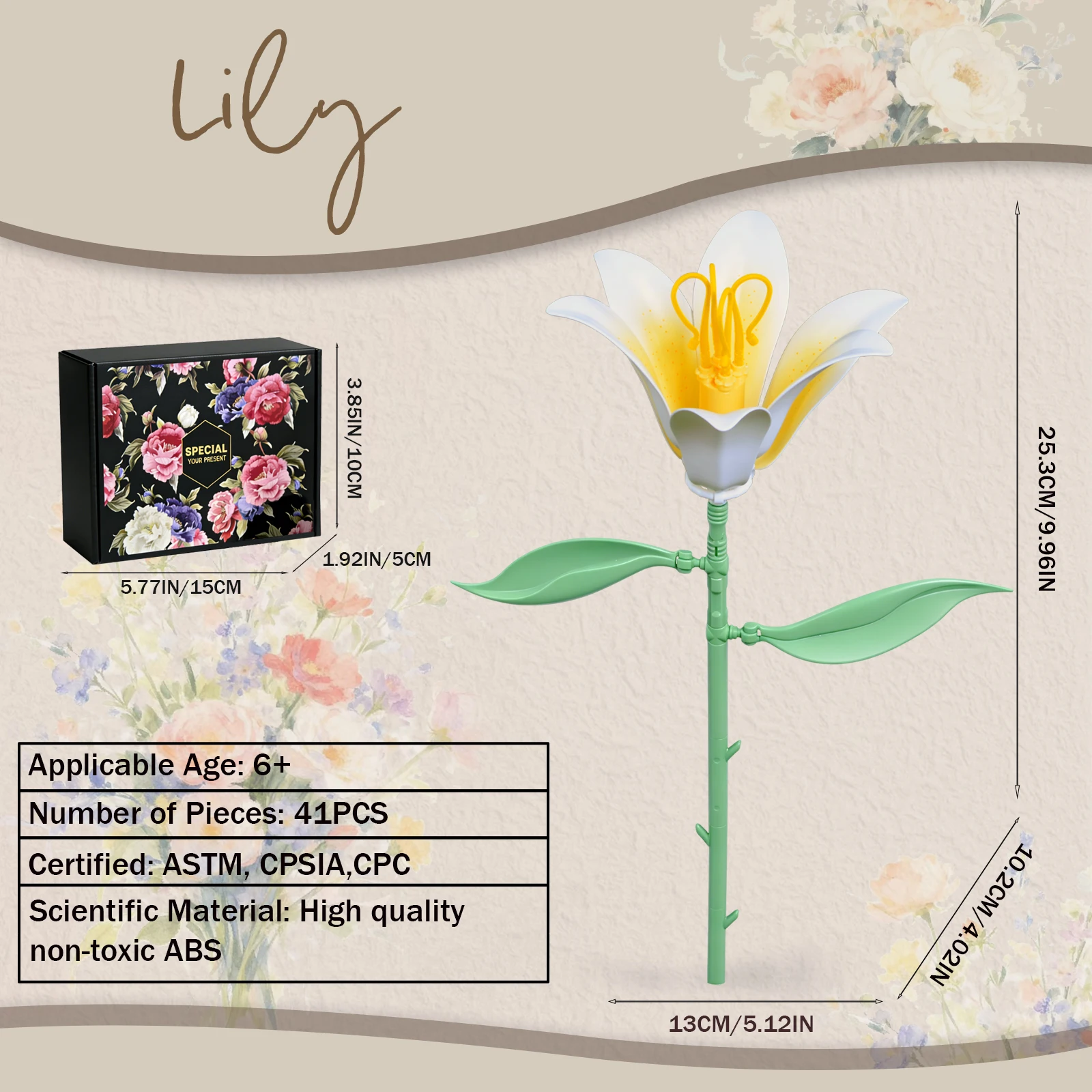 Lily Blossoms Building Block Bouquet Flowers Featuring Gradient Petal Details Ideal for Tabletop Display Home Deco（41 PCS）