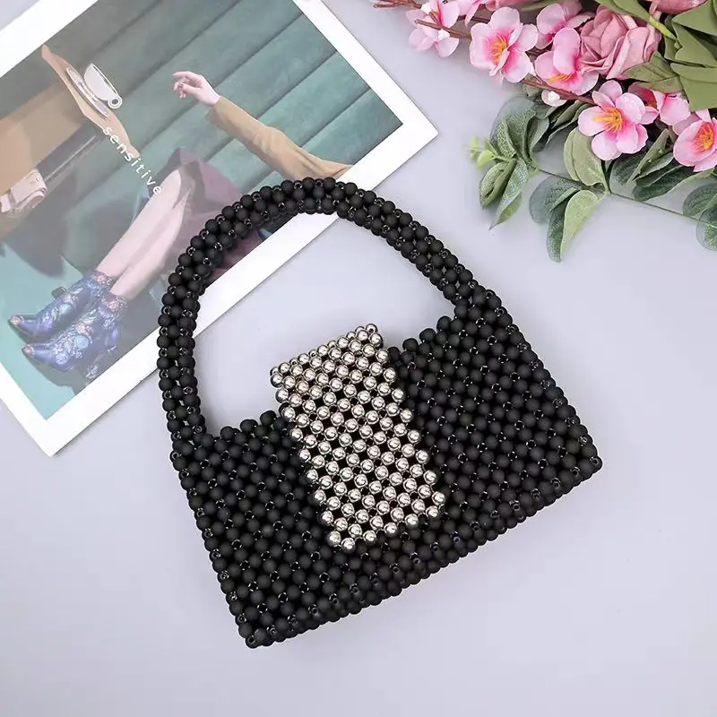 Hand-woven Silver Black Color Contrast Acrylic Beaded Handbag Luxury Design Women's Street Photo Square Small Bag Party Clutch