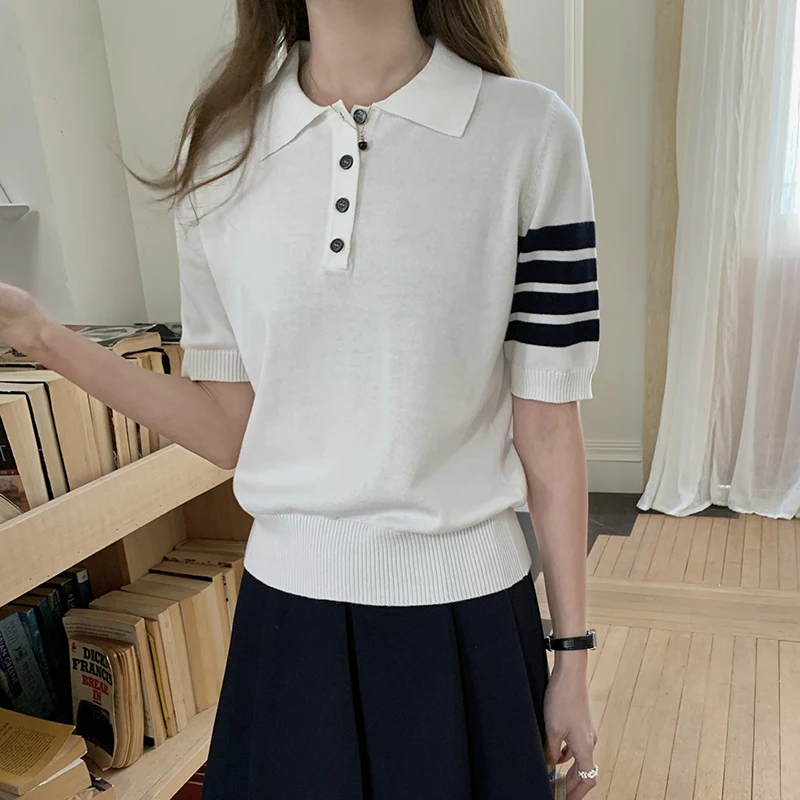 

100% cotton women's short sleeved summer new women's knitted T-shirt fashionable polo collar hot selling women's T-shirt