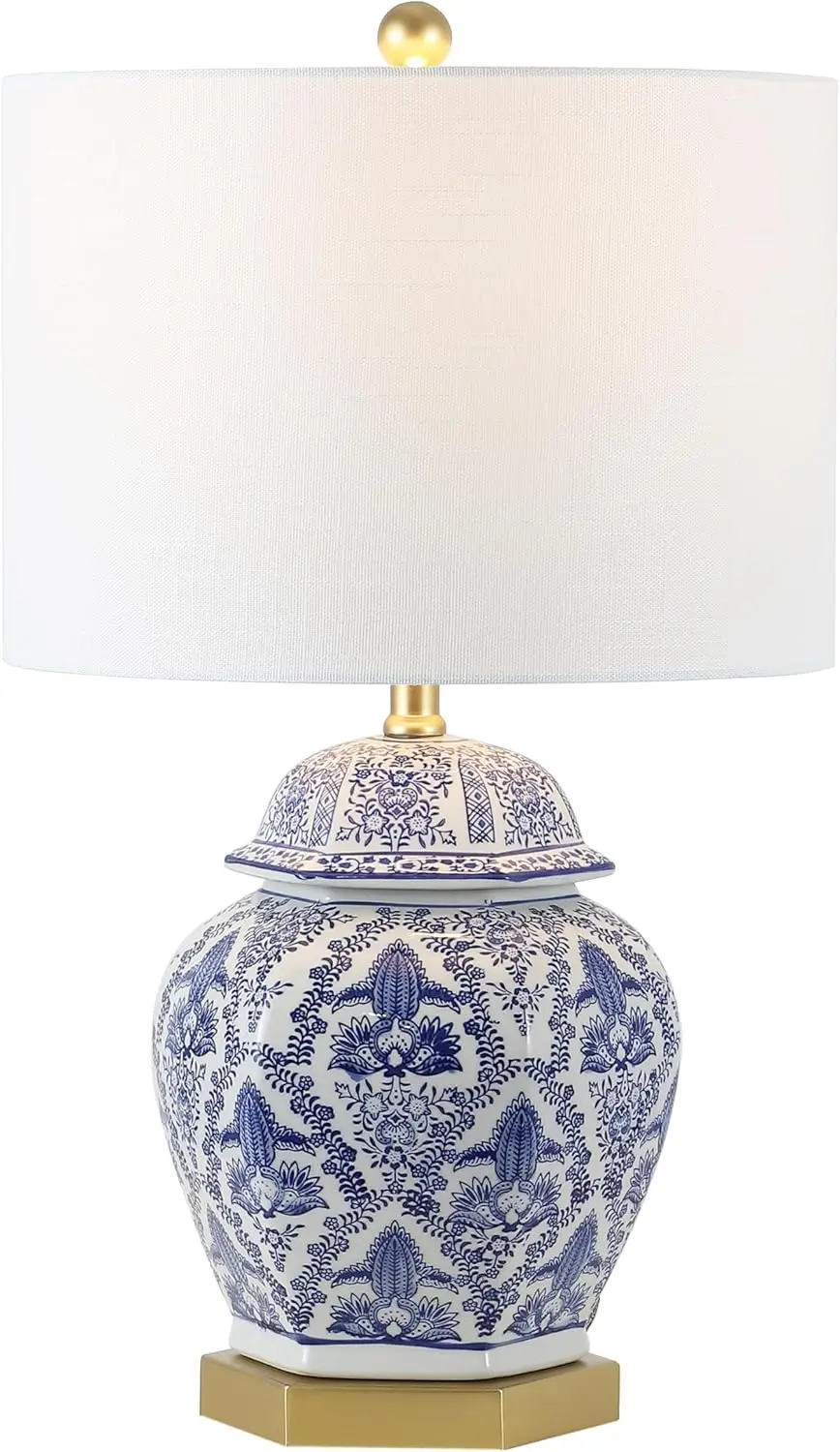 

25" Blue White Ginger Jar LED Table Lamp with Brass Base, Classic Bedside Desk Lamp for Bedroom Living Room