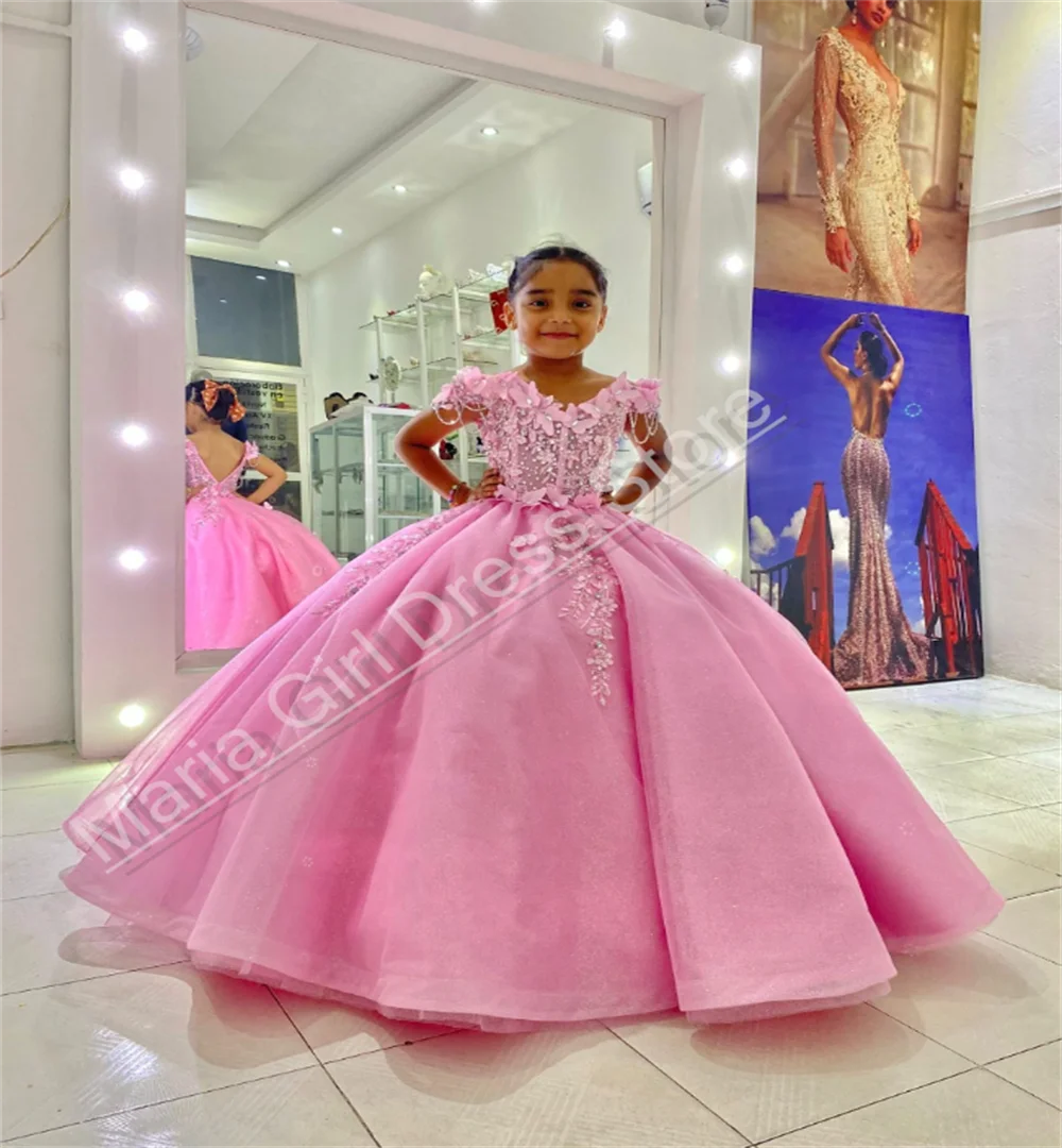 

Gorgeous Pink Flower Girl Dress Fluffy V-Neck Small Butterfly Decoration Children's First Communion Party Dress