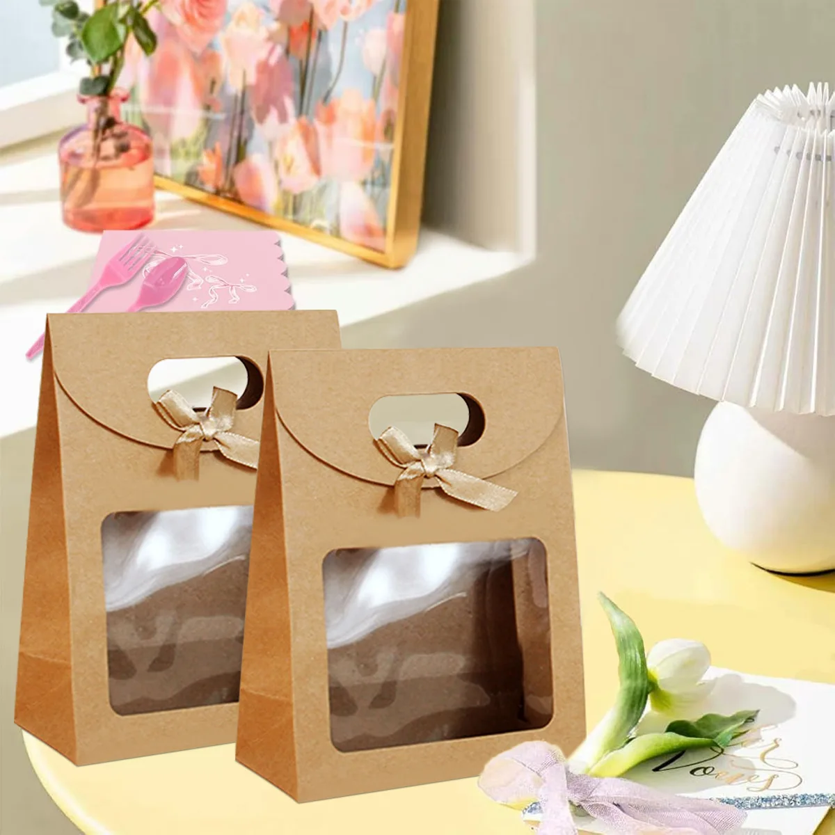 15/30 قطعة صناديق مصنوعة من ورق الكرافت البني مع نوافذ شفافة، مناسبة لعيد الميلاد، الزفاف، الديكور، الأحداث التجارية الصغيرة