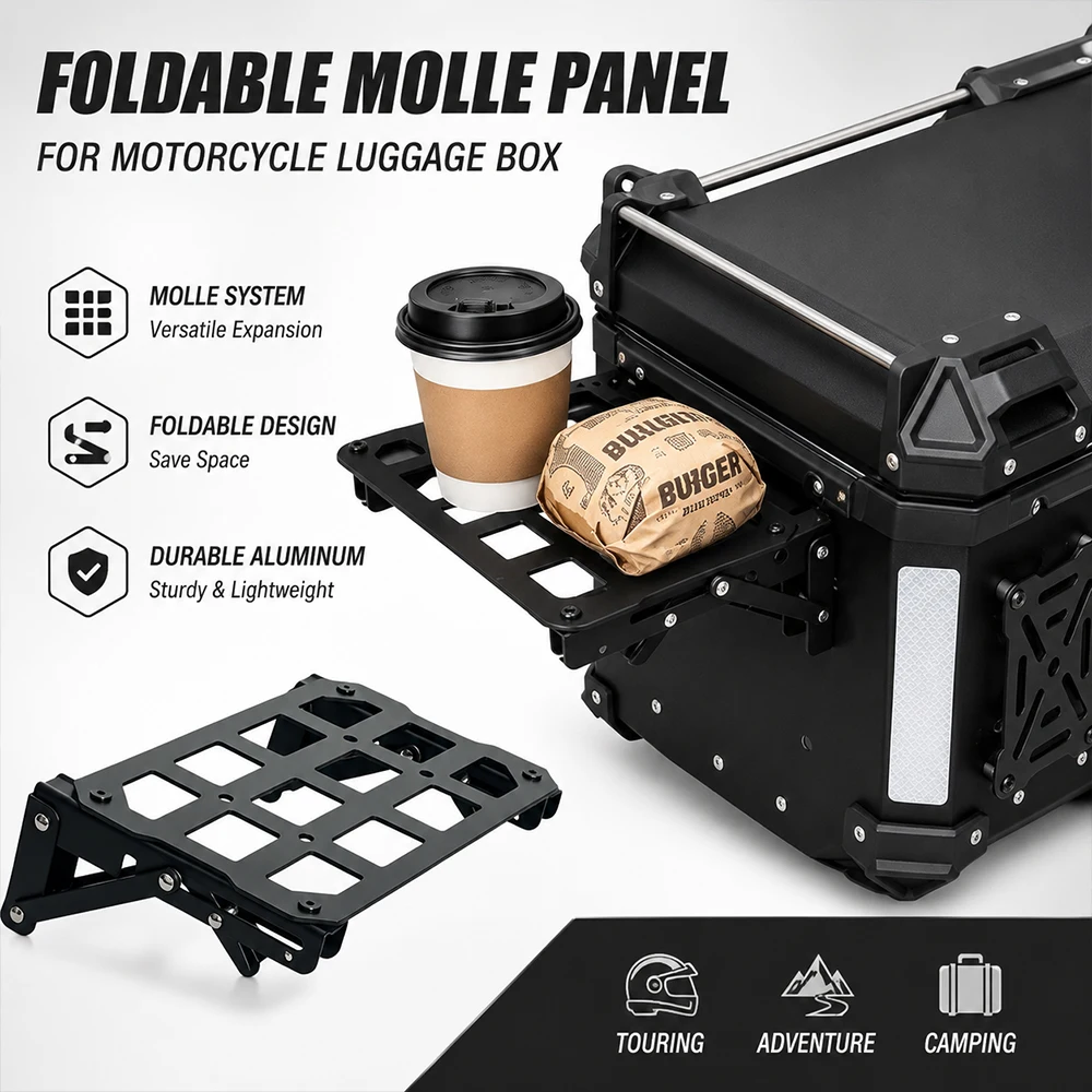 Universal Motorcycle Foldable Molle Side Panel For BMW Honda Yamaha KTM ADV Aluminum Luggage Box Storage Rack