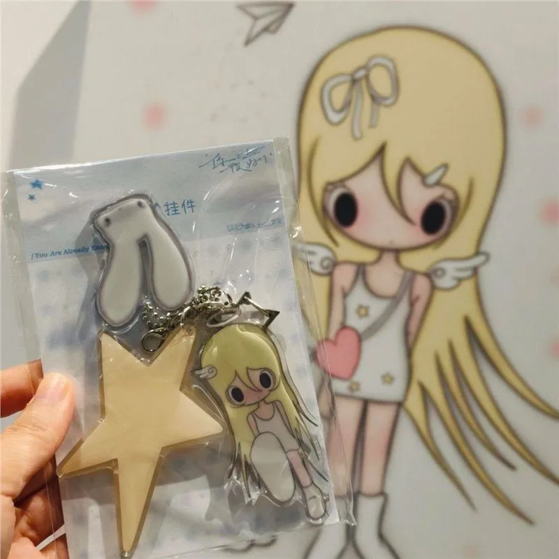 Kawaii Blonde Angel Girl Acrylic Keychain Star Bunny Ear Bag Charms Ins Y2K Cute Cartoon Pendant Gift For Teen Girls
