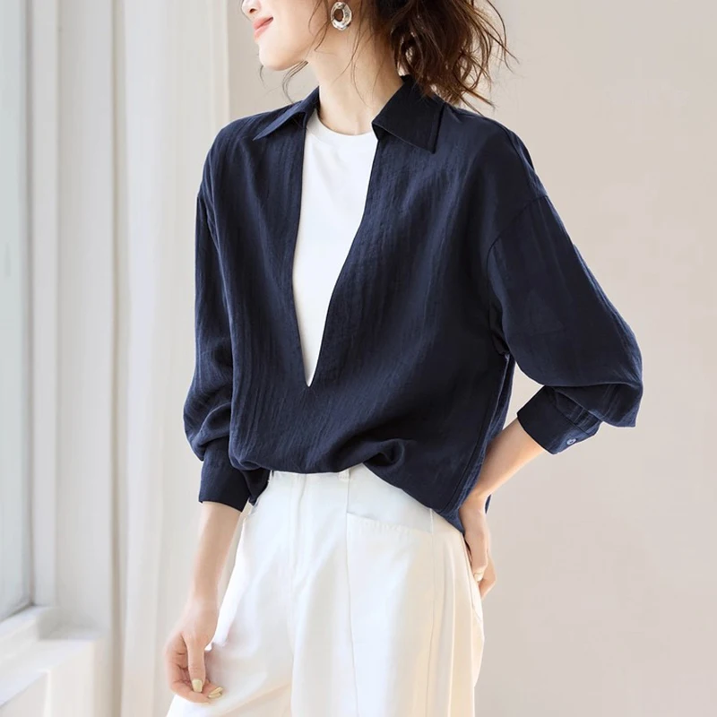Minimalist Shirt Women Deep V Neck Long Sleeve Elegant Office Ladies Blouse S-XXL Female Tops Blouse