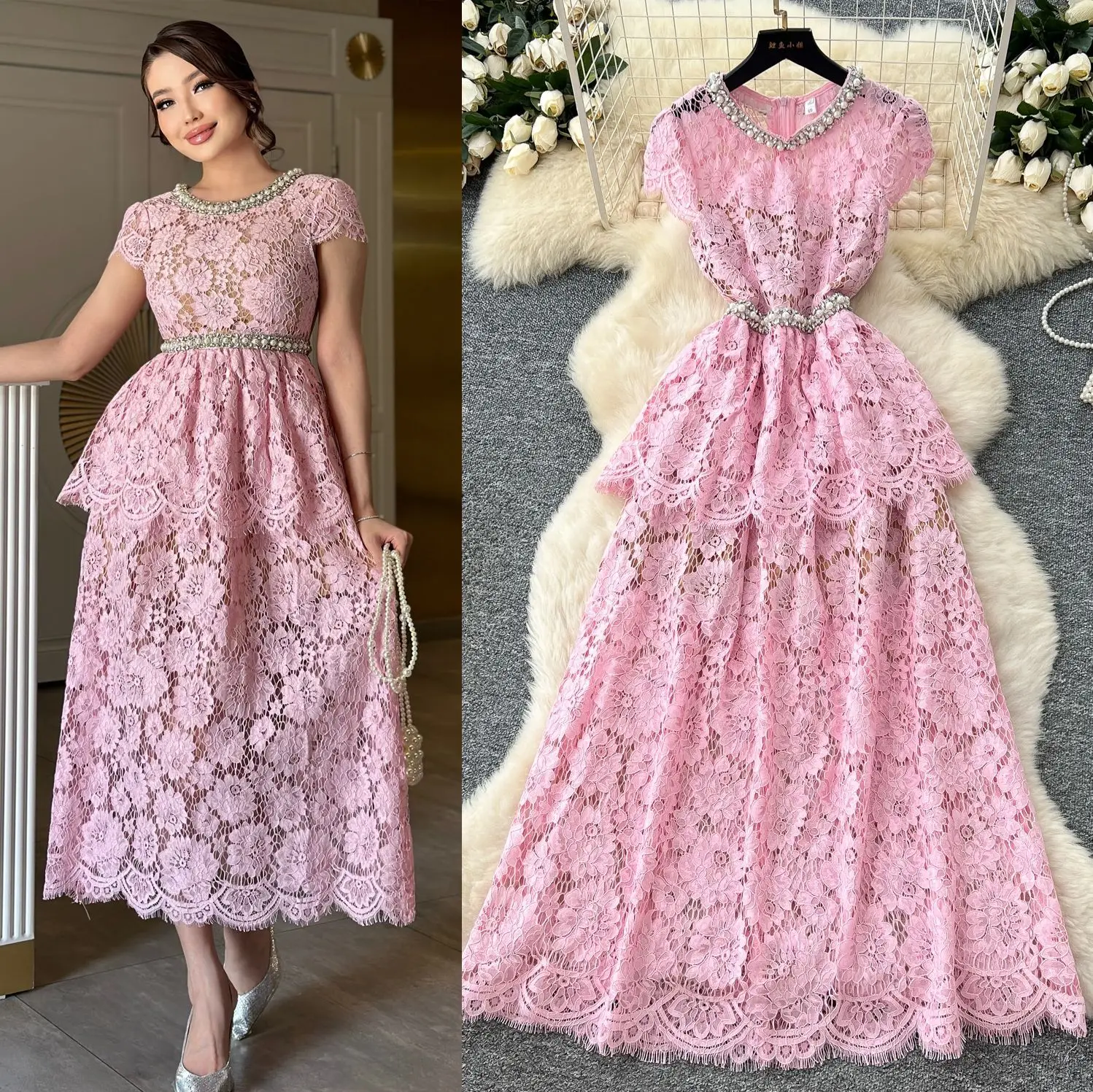 

Women Dress Short Sleeved Pearls Lace White Long Dresses Party Hollow Gown High Waist Elegant Vestidos Summer Skinny Prom
