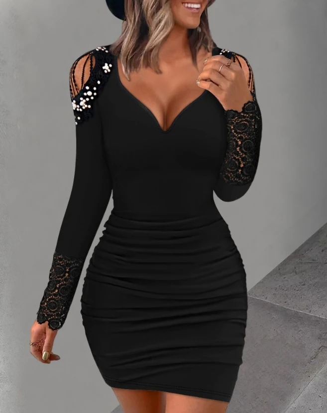 

Elegant Evening Party Dresses Women Sexy Beaded Lace Patch Ruched Bodycon Dress 2023 Autumn Winter Spring New Fashion Casual